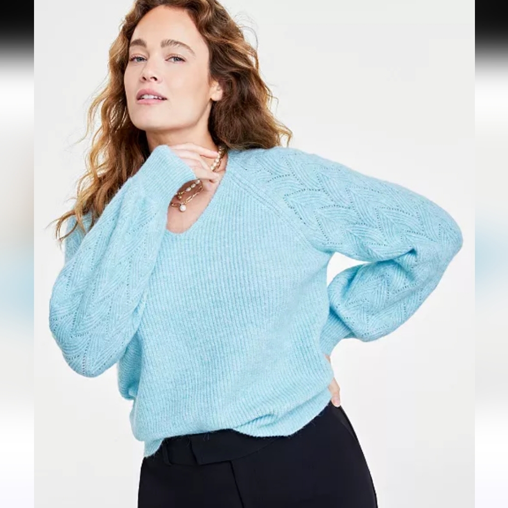 ON 34th Soft Blue Pointelle-Knit Sleeve Sweater Size S NEW G-2083